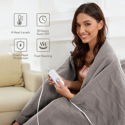 Heated Electric Blanket Twin Size 62''X84''- 4 Heat Levels & 10 Hours Auto Off, Fast Heating & Over-Heat Protection, Light Grey